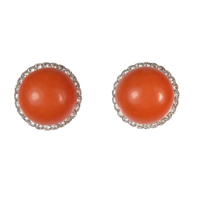   Cartier - Pair of corallium rubrum bouton and diamond cluster earrings | MasterArt